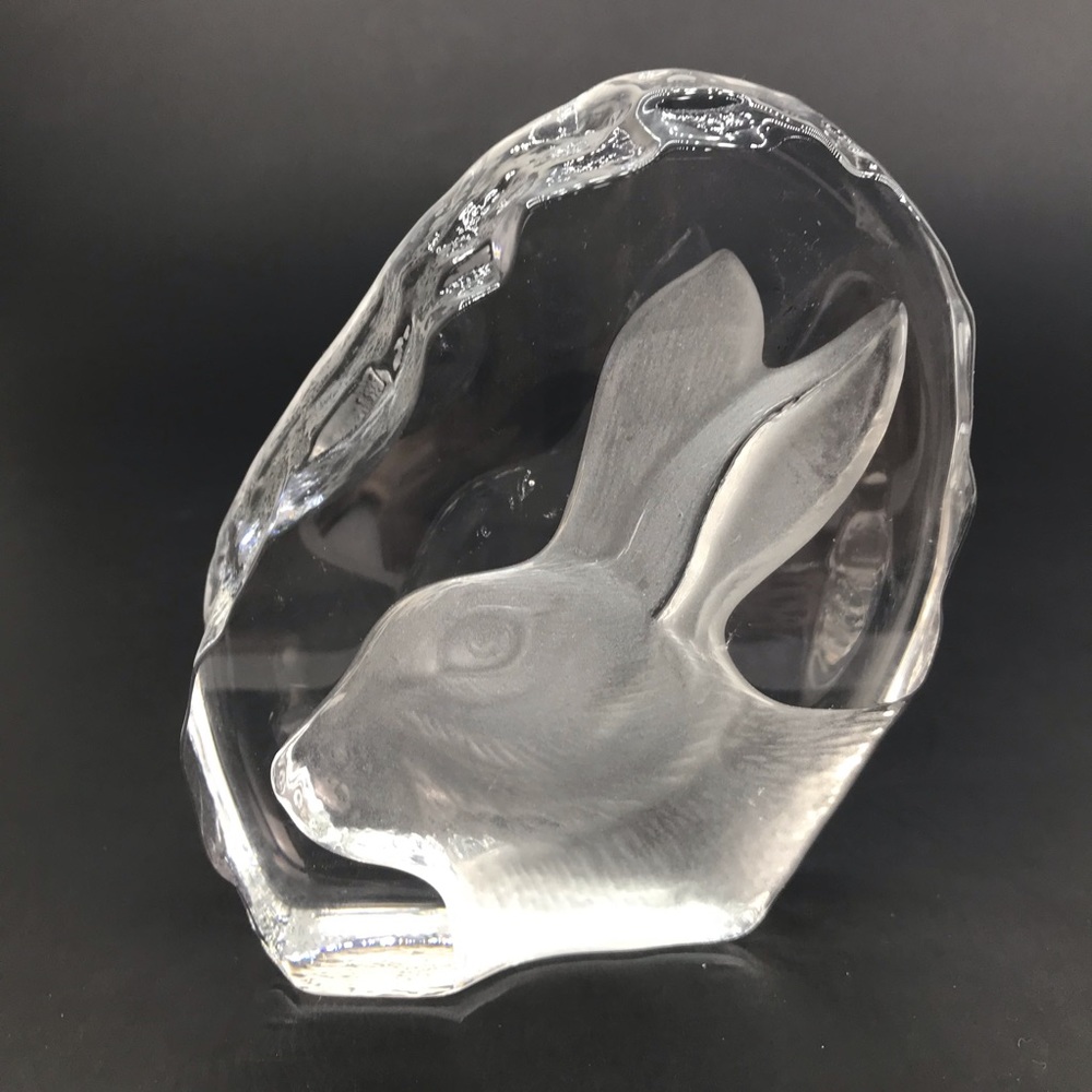 Bunny Face Etched Crystal Rabbit Paperweight Art Glass Vintage